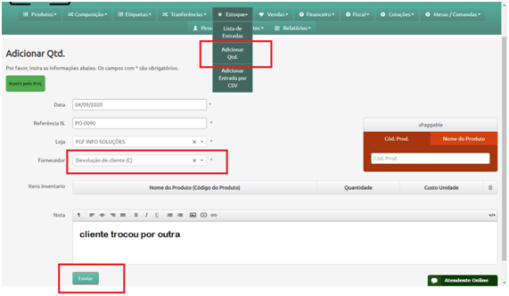 alterando quantidade de produtos no estoque FGF Manager ERP
