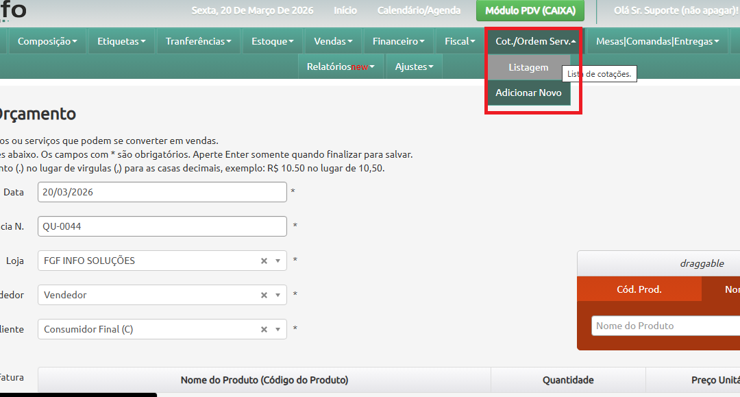 Inserir uma cotação / orçamento e transformar ela em venda FGF Manager Erp